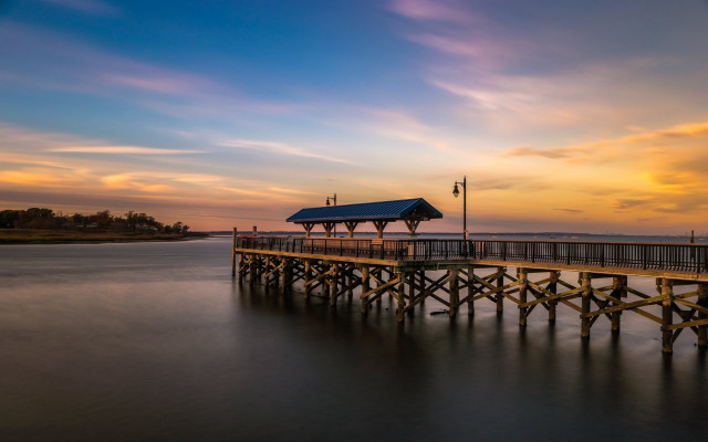 Pier blue roof sunset clouds free wallpaper for desktop - medium preview image