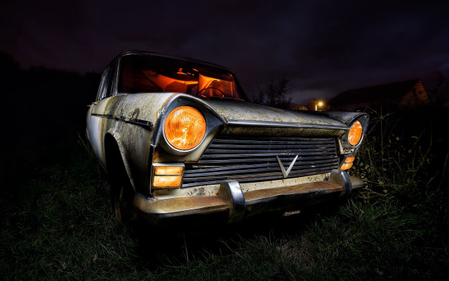 Car grass night lights photorealism free wallpaper for desktop - medium preview image