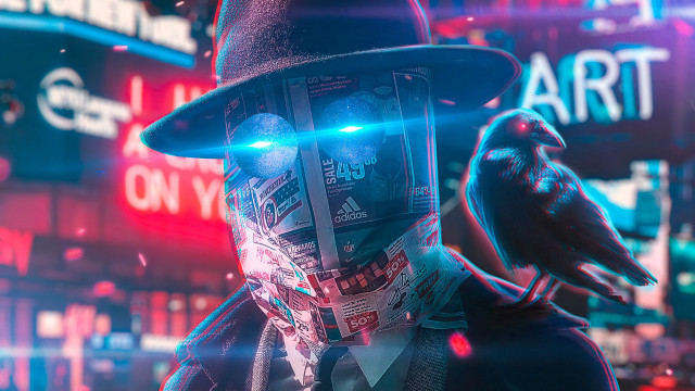 Neon city man hat bird free wallpaper for desktop - medium preview image