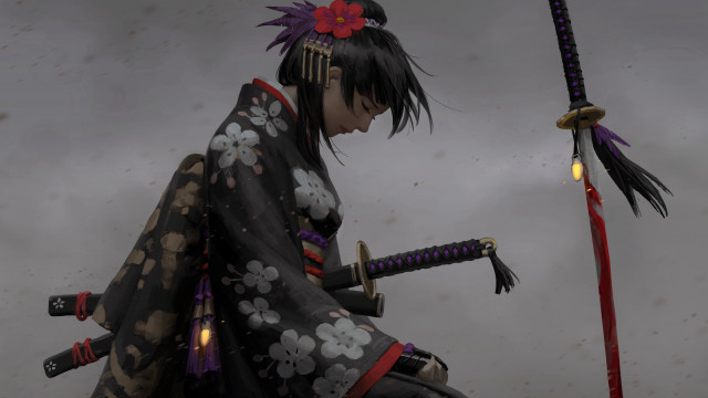 Woman kimono swords cloudy sky free wallpaper for desktop - medium preview image