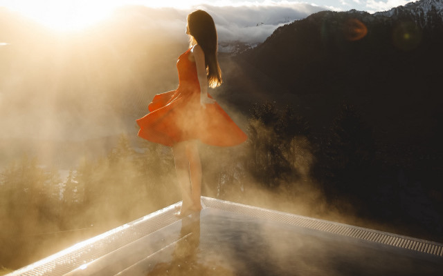 Woman red dress balcony mountains free wallpaper for desktop - medium preview image