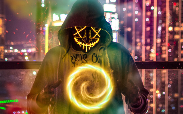 Neon mask neon ring cityscape free wallpaper for desktop - medium preview image