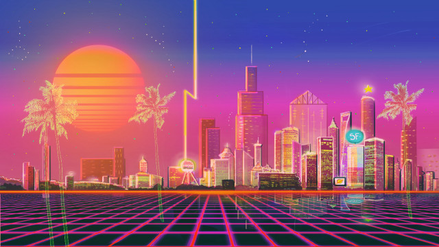 Futuristic city neon sunset grid free wallpaper for desktop - medium preview image