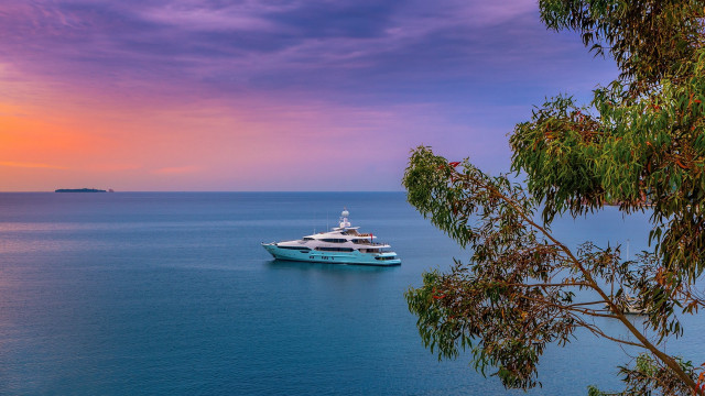 Boat sunset purple sky forest free wallpaper for desktop - medium preview image