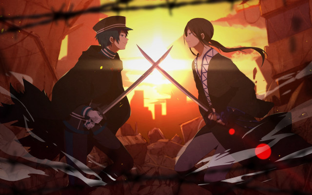 Sunset couple swords blurry japanese free wallpaper for desktop - medium preview image