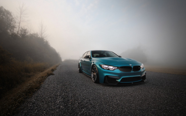 Blue car foggy road cinematic free wallpaper for desktop - medium preview image