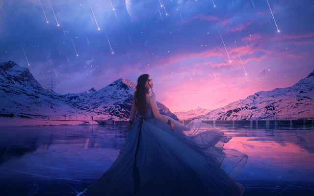 Woman mountain night star dress free wallpaper for desktop - medium preview image