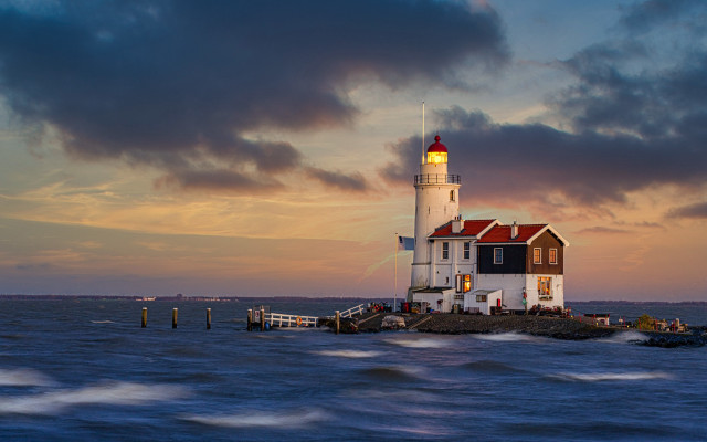 Lighthouse island ocean sunset clouds free wallpaper for desktop - medium preview image