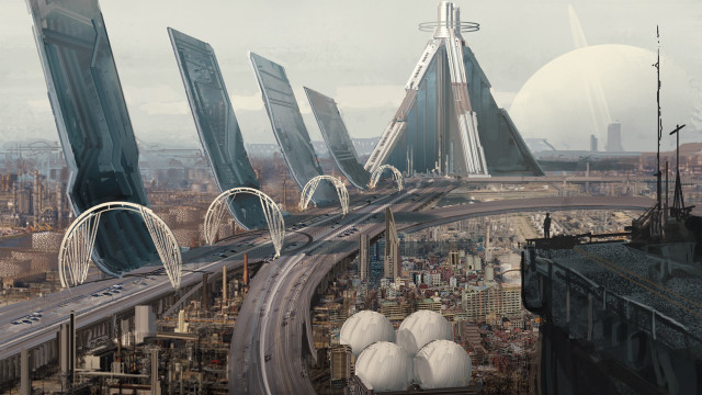 Futuristic city bridge tall buildings free wallpaper for desktop - medium preview image