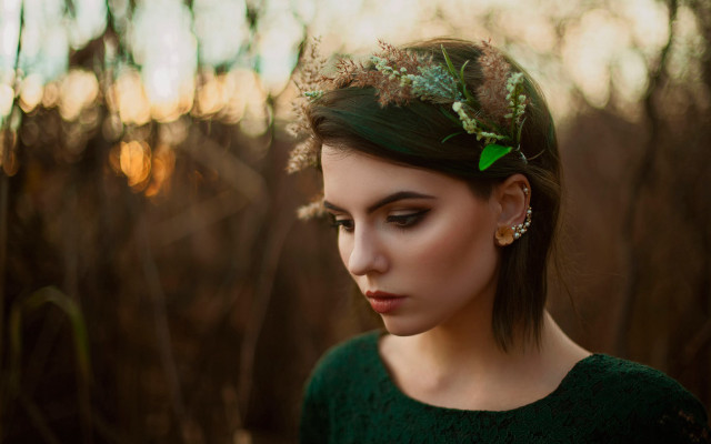 Green haired woman forest portrait free wallpaper for desktop - medium preview image