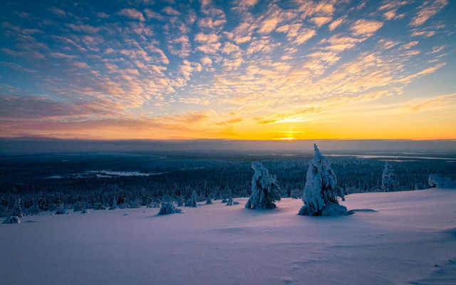 Sunset snowy landscape trees mountain free wallpaper for desktop - medium preview image