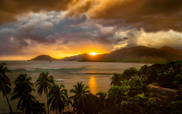 Sunset tropical island palm boat free wallpaper for desktop - medium preview image