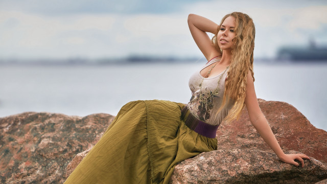 Woman rock water blonde beach free wallpaper for desktop - medium preview image