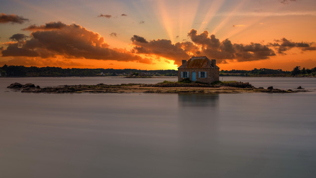 Island house sunset clouds mountain free wallpaper for desktop - medium preview image