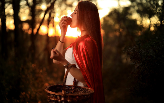 Red haired woman forest basket free wallpaper for desktop - medium preview image