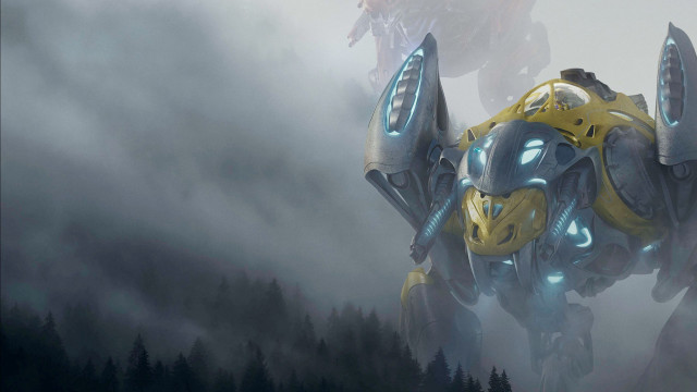 Robot fog trees yellow blue free wallpaper for desktop - medium preview image