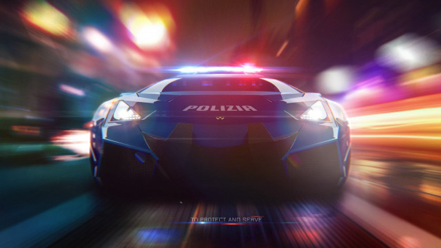 Policecar city night brightlights photorealism free wallpaper for desktop - medium preview image