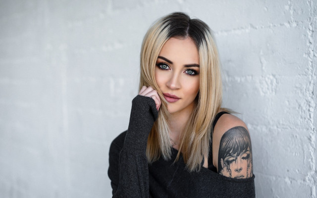 Woman tattoo portrait black blonde free wallpaper for desktop - medium preview image