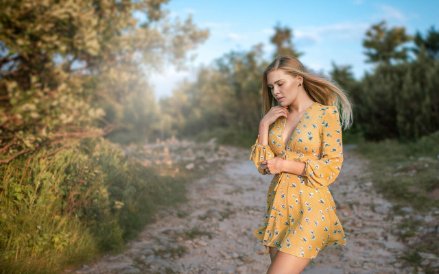 Woman yellow dress dirt road free wallpaper for desktop - medium preview image