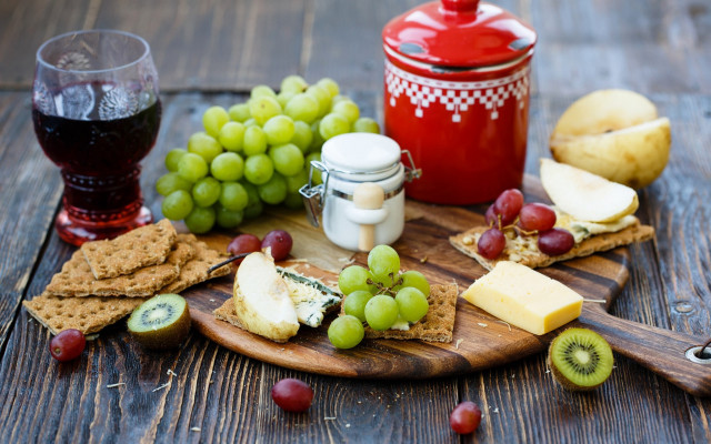Wooden board cheese grapes wine free wallpaper for desktop - medium preview image