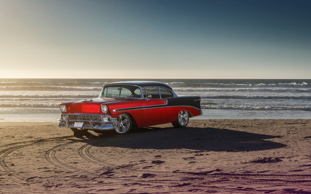 Red black car beach ocean free wallpaper for desktop - medium preview image