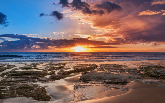 Sunset ocean rocks water cloudy #2 free wallpaper for desktop - medium preview image