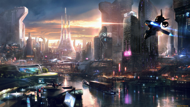 Futuristic city flying robot night free wallpaper for desktop - medium preview image