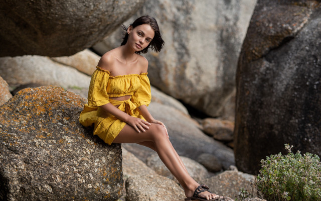 Woman yellow dress sitting outdoors free wallpaper for desktop - medium preview image