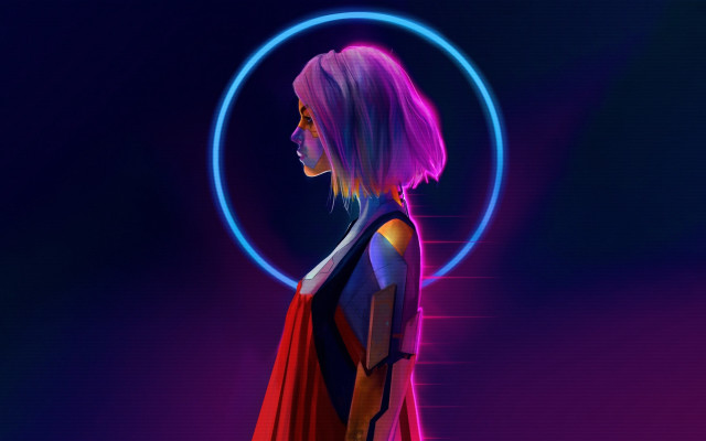 Woman red cape neon circle free wallpaper for desktop - medium preview image