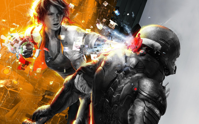 Woman gun man futuristic suit free wallpaper for desktop - medium preview image