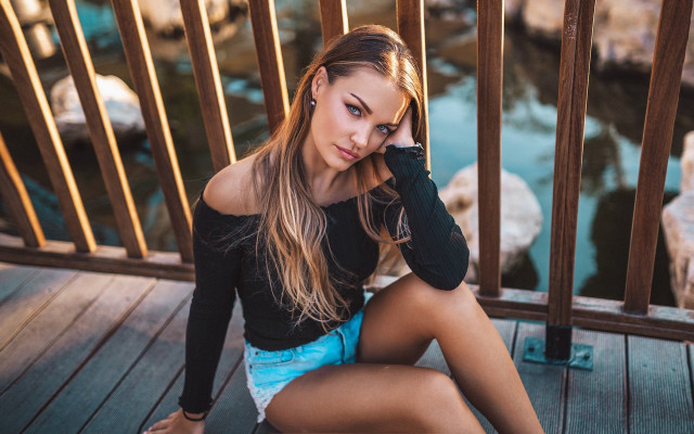 Woman deck river blonde portrait free wallpaper for desktop - medium preview image