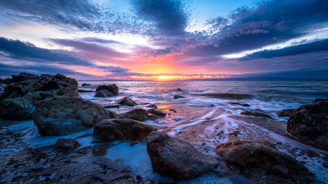 Sunset rocky beach waves clouds #4 free wallpaper for desktop - medium preview image