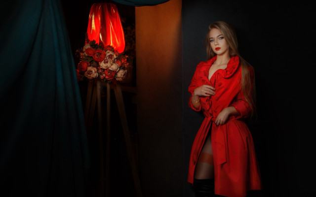 Woman red coat red lamp free wallpaper for desktop - medium preview image