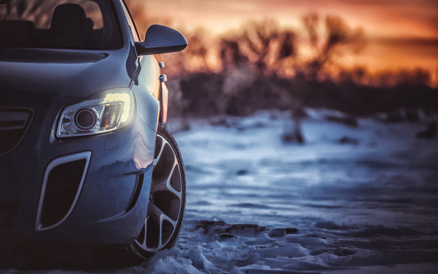 Snowy car sunset forest outdoors free wallpaper for desktop - medium preview image