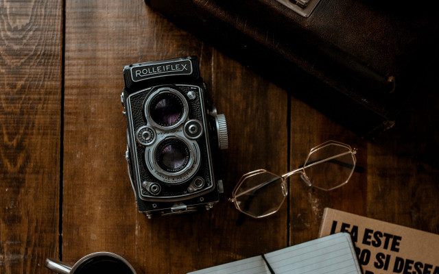 Camera glasses notebook pen wooden free wallpaper for desktop - medium preview image