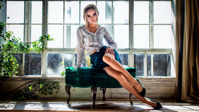 Woman green chair window plant free wallpaper for desktop - medium preview image