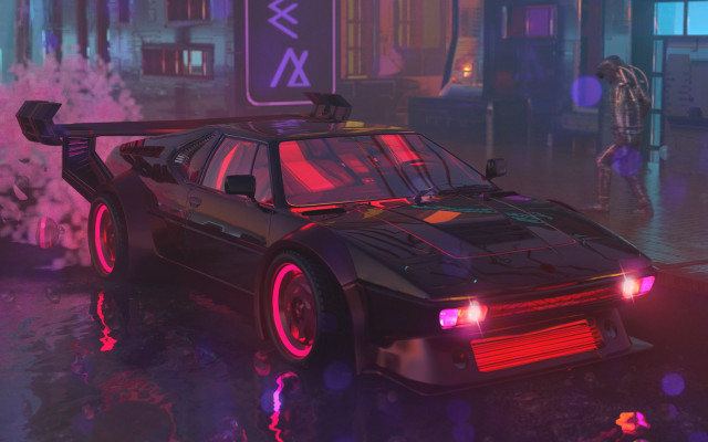 Neon car man retrofuturism synthwave free wallpaper for desktop - medium preview image