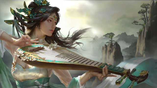 Woman mountain painting lute magic free wallpaper for desktop - medium preview image