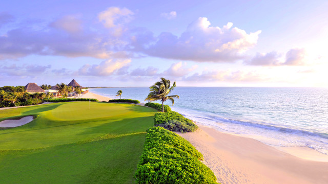 Beach golf course ocean palm free wallpaper for desktop - medium preview image
