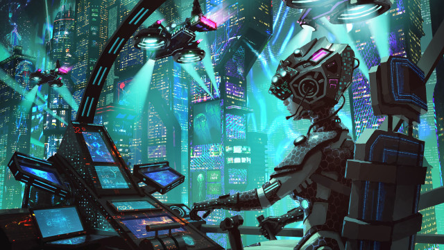 Futuristic robot city night neon free wallpaper for desktop - medium preview image