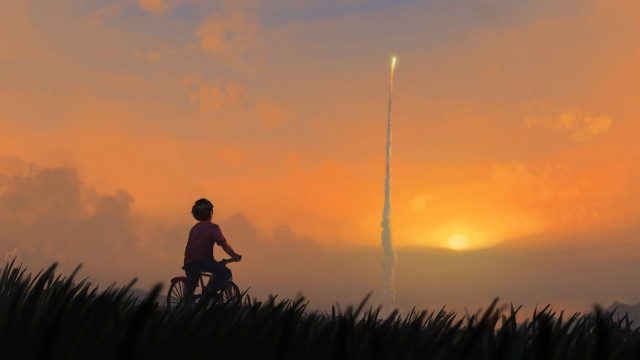 Bike field sunset rocket matte free wallpaper for desktop - medium preview image