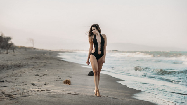 Woman beach dog sand sunset free wallpaper for desktop - medium preview image