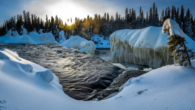 Snowy forest river ice mountains free wallpaper for desktop - medium preview image