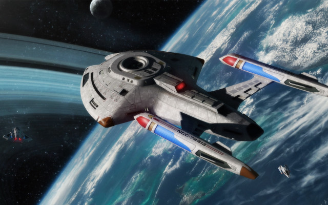 Space ship over planet with free wallpaper for desktop - medium preview image