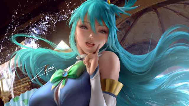 Blue hair woman green white free wallpaper for desktop - medium preview image