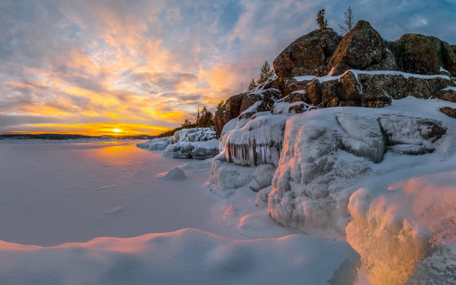Sunset frozen lake rocks snow free wallpaper for desktop - medium preview image