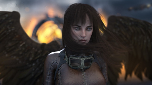 Woman wings leather jacket cyberpunk free wallpaper for desktop - medium preview image