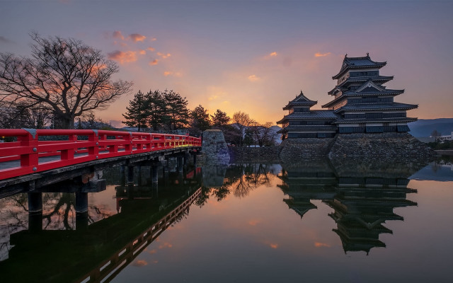 Red bridge sunset pagoda reflection free wallpaper for desktop - medium preview image