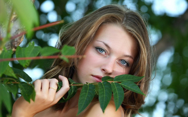 Woman leaves green blue eye free wallpaper for desktop - medium preview image