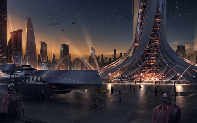 Futuristic city aurora planet night free wallpaper for desktop - medium preview image